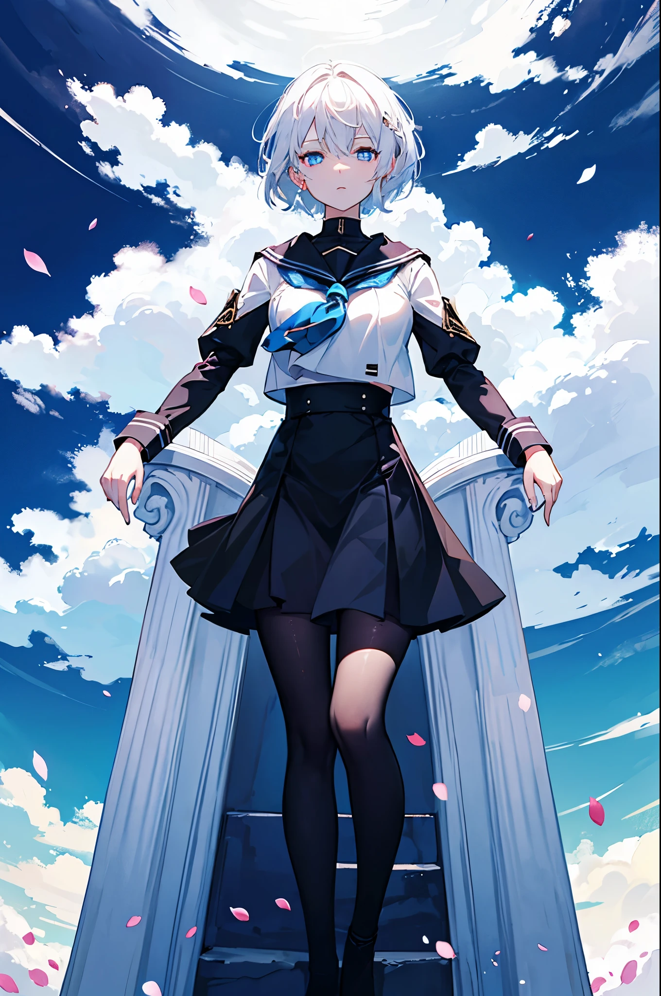 Short white hair blowing in the wind,glowing blue eyes,Petals spilled,masterpiece,Clouds around,throne,Black cuffs,sailor,girl