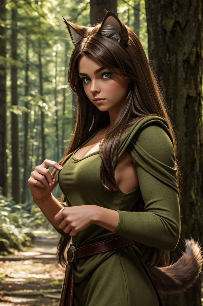 woman, ((Masterpiece, best quality)), full body view, bursting huge breasts, detailed skin, Anna from Frozen as a forest ranger, on a path in the forest, glowing eyes from the bushes, Elegant ranger outfit, highly detailed, cinematic lighting, ultra realistic, blush, looking at viewer, anna, anna from movie Frozen.