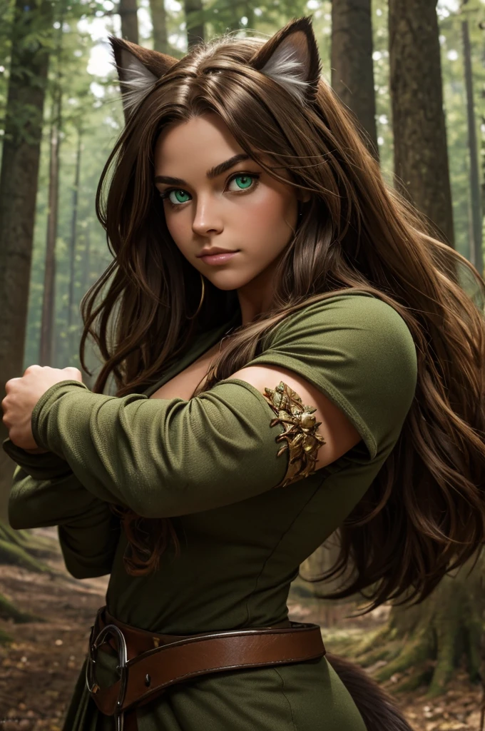 by kenket, by totesfleisch8, (by thebigslick, by silverfox5213:0.8), (by syuro:0.2),, king-adelaide, twokids, (best quality, masterpiece:1), solo, furry female anthro, green eyes, arm wraps, long hair, light brown hair, portrait, fingers, finger claws, looking at viewer, feline tail, strong, muscular, crown, (outdoors dark forest trees blurry blurred background:1.1),