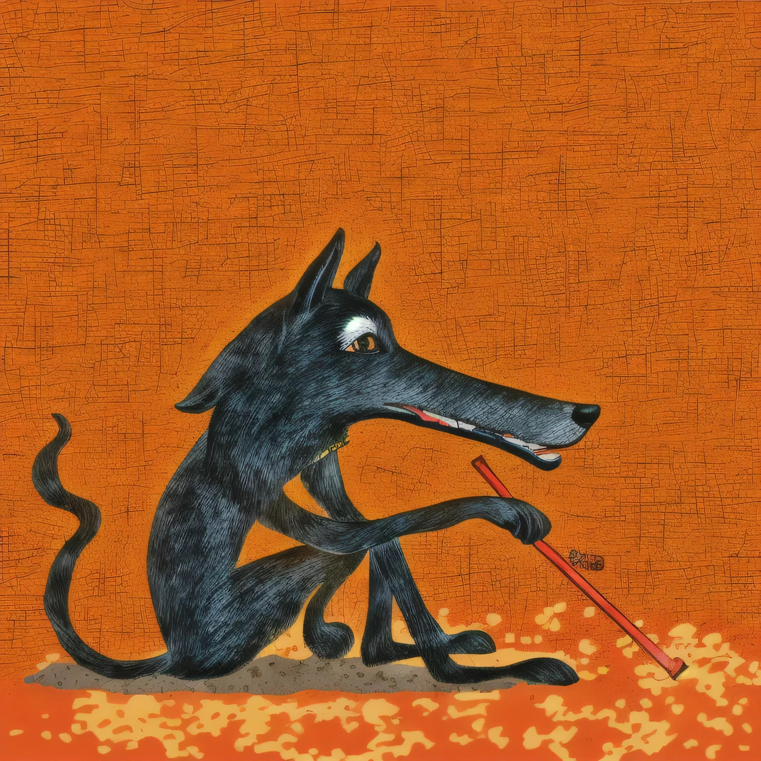 illustration of a black dog sitting on a beach with a stick in its mouth, inspired by Tomi Ungerer, black dog, by Lucette Barker, by Rupert Shephard, cartoonish and simplistic, by Wolf Huber, by Tomi Ungerer, laika, by Enrico Baj, by Pál Balkay