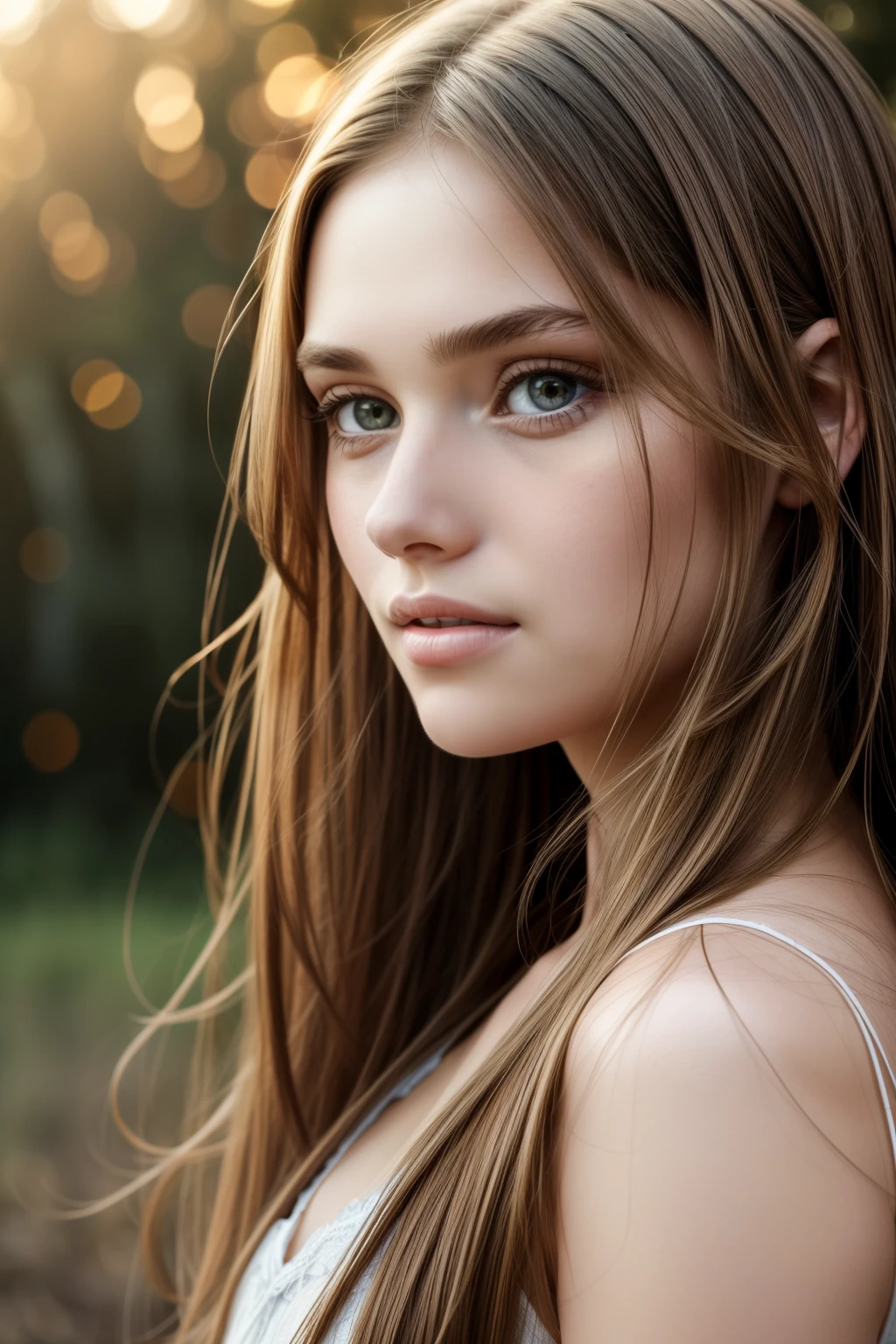 Close-up portrait of a young girl with brown, long and straight hairs framing her pretty 25-year-old face. The natural light illuminates her facial features, casting subtle shadows and highlighting the textures of her hair. The image is captured in ultra-high resolution with RAW processing, revealing the intricate detail and cinematic quality of the scene. The neutral color palette emphasizes the natural beauty of the subject.