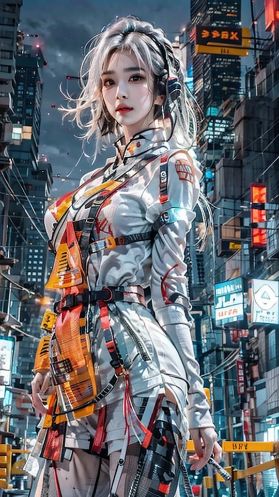 1 girl, Chinese_clothes, liquid silver and orange, cyberhan, cheongsam, cyberpunk city, dynamic pose, detailed luminous headphones, glowing hair accessories, long hair, glowing earrings, glowing necklace, cyberpunk, high-tech city, full of mechanical and futuristic elements, futuristic, technology, glowing neon, orange, orange light, transparent tulle, transparent streamers, laser, digital background urban sky, big moon, with vehicles, best quality, masterpiece, 8K, character edge light, Super high detail, high quality, the most beautiful woman in human beings, micro smile, face facing front and left and right symmetry, ear decoration, beautiful pupils, light effects, visual data, silver white hair, super detail facial texture