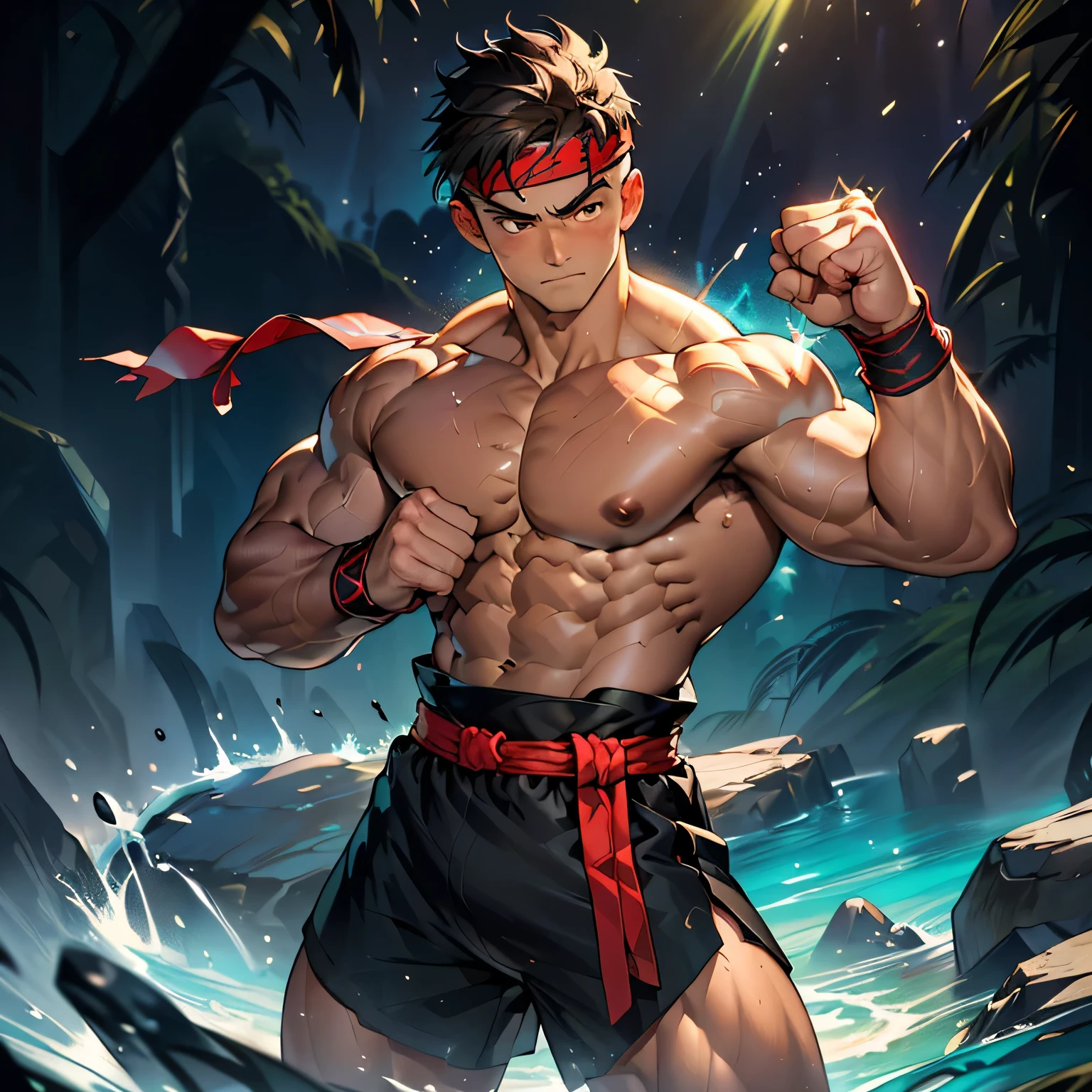(Masterpiece, Best quality 19 year old boy, simple background, cowboy shot), solo, Young, boy, muscler, Shirtless, topless, (Dark Short straight hair, under cut, brown eyes), (red headband, ((black wristband, weist sash))), Vivid colors, (hot Abs:1.2, abs!, big abs, big breast:1.2, chest!, muscler upper arms, clenched fist), (topless male), closed mouth, serious, muscler!, muscler body, Man with martial arts stance, (aura power:1.4), detailed face, detailed muscle, (((A magical turquoise mystical aura, random fighting pose, powerful, action, rippling muscles, concentrate)))