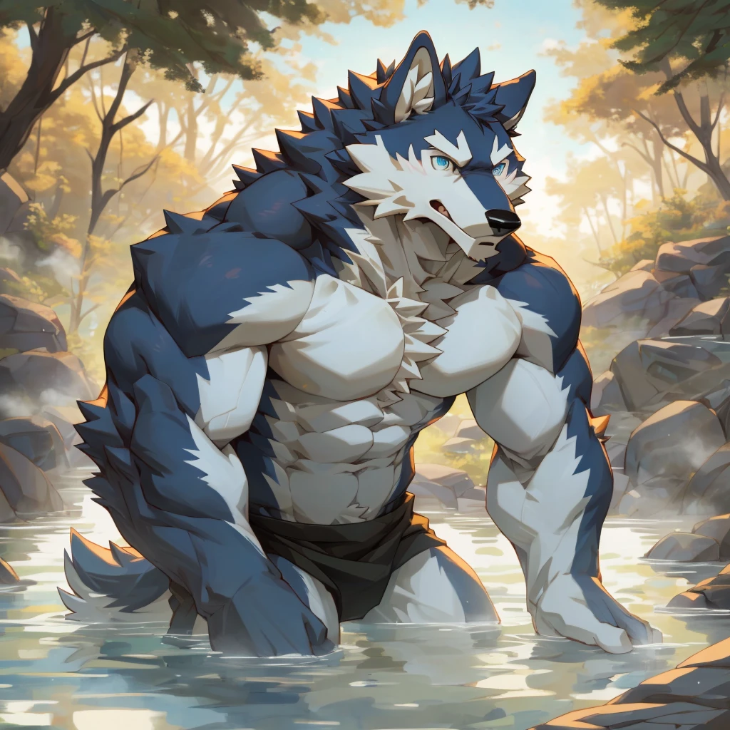 "(best quality,highres,artwork:1.2),, furry wolf,perfect detailed eyes,short hair,medium muscular body,adult,cool pose,handsome,bare-chested,attractive,fierce,all white,body soaking in a hot spring"