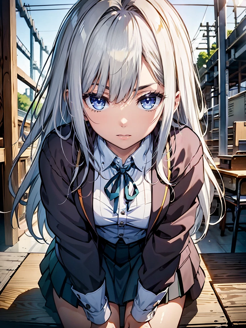 ((school uniform:1.3)),high quality, High resolution, super detailed, High level image quality, high quality, anime illustration, (Beautiful detailed eyes: 1.2), Detailed depiction of the eyes, (small eyes and small face:1.3), (Highly detailed CG, best shadow:1.1), depth of field and blur, (perfect details: 1.1) , digital illustration, enamel art, center, watercolor painting, art station, concept art, character sheet, lightning wave, 美しいアニメのwatercolor painting, Bright colors, sharp focus, art by:Kim Hyun Tae, small details, intricate details, curvaceous body, Detailed depiction of the eyes, Bright colors,((Nervous look before riding a roller coaster))