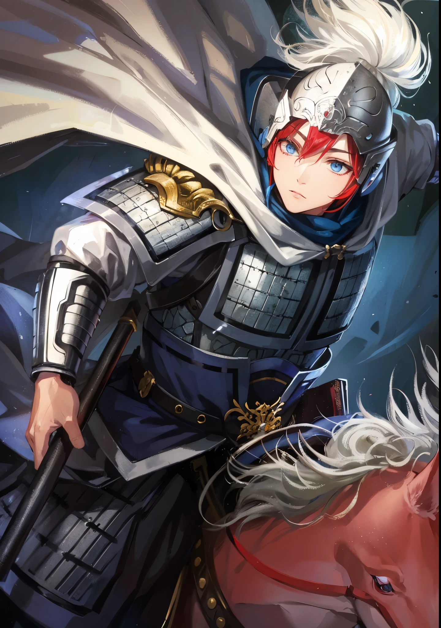 Red-haired anime character riding a red horse,手拿长枪骑着红马的handsome guy，Inspired by Zhao Yun，Inspired by the red-haired Chinese warrior Jiang Wei from Dynasty Warriors, fantasy style anime, wearing shining armor, 先进的数字动漫艺术”Anime Fantasy Artwork, Detailed anime character art, 斩妖除魔艺术中的handsome guy, shadow poetry style, wearing shining plate armor, Anime Fantasy Illustration, zero art, Anime Fantasy Artwork，Three Kingdoms style，Dynasty Warriors style，blue eyes，Red eyebrows，Dark red eyelashes，young general，Wearing a Chinese style helmet，handsome guy，Zhao Yun's helmet