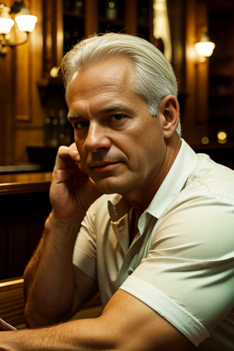 (a 60-year-old white man, disgusting, chubby muscled, dad, white hair, upscale bar, buttoned green shirt, masculine),(oil painting),(detailed background of a luxury bar with dimmed lighting),(best quality, highres:1.2),(realistic),(portrait),(warm color tones),(soft atmospheric lighting)