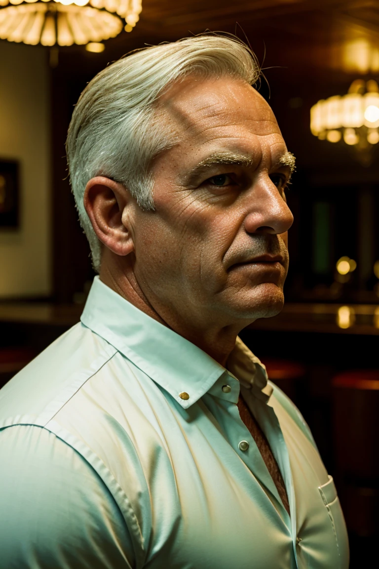 (a 60-year-old white man, disgusting, chubby muscled, dad, white hair, upscale bar, buttoned green shirt, masculine),(oil painting),(detailed background of a luxury bar with dimmed lighting),(best quality, highres:1.2),(realistic),(portrait),(warm color tones),(soft atmospheric lighting)