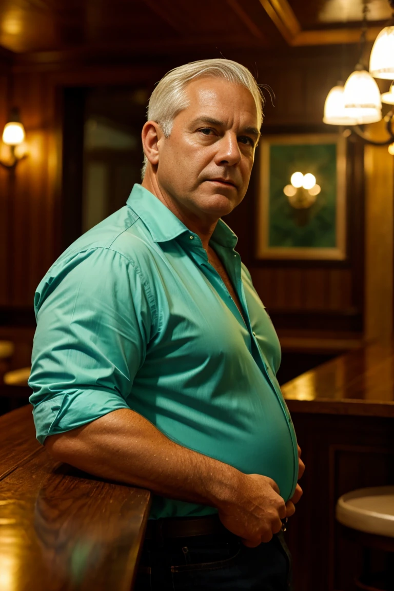 (a 60-year-old white man, disgusting, chubby muscled, dad, white hair, upscale bar, buttoned green shirt, masculine),(oil painting),(detailed background of a luxury bar with dimmed lighting),(best quality, highres:1.2),(realistic),(portrait),(warm color tones),(soft atmospheric lighting)