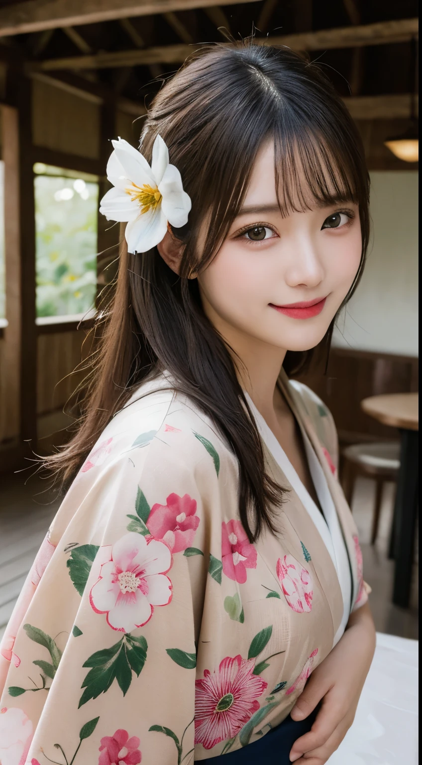 table top, highest quality, figure, Super detailed, finely, High resolution, 8k wallpaper, 完璧なダイナミックな構figure, detailed and beautiful eyes, kimono,flower hair ornament,medium hair, middle of chest, natural color lip, random sexy poses,smile,ancient folk house
