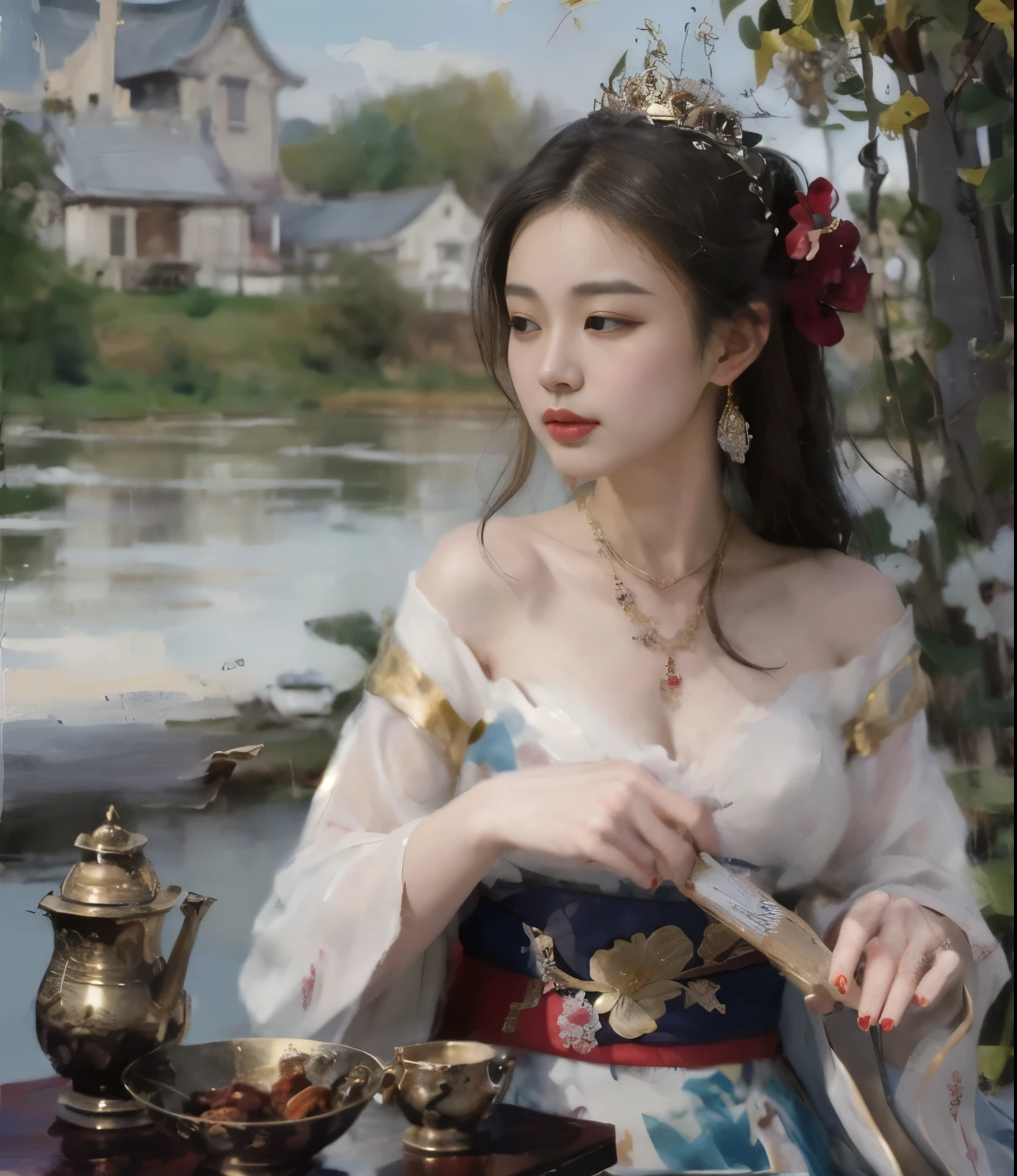 Painting of a woman in white sitting at a table with a teapot, palace ， girl in hanfu, By Yang J, artwork in the style of Gouvice, By Zhang Han, By Zhou Fang, Inspiration from Feng Huazhong, Yanjun Chengt, Gouvice, By Zhou Wenjing, By Yang Jin, By Zhou Chen