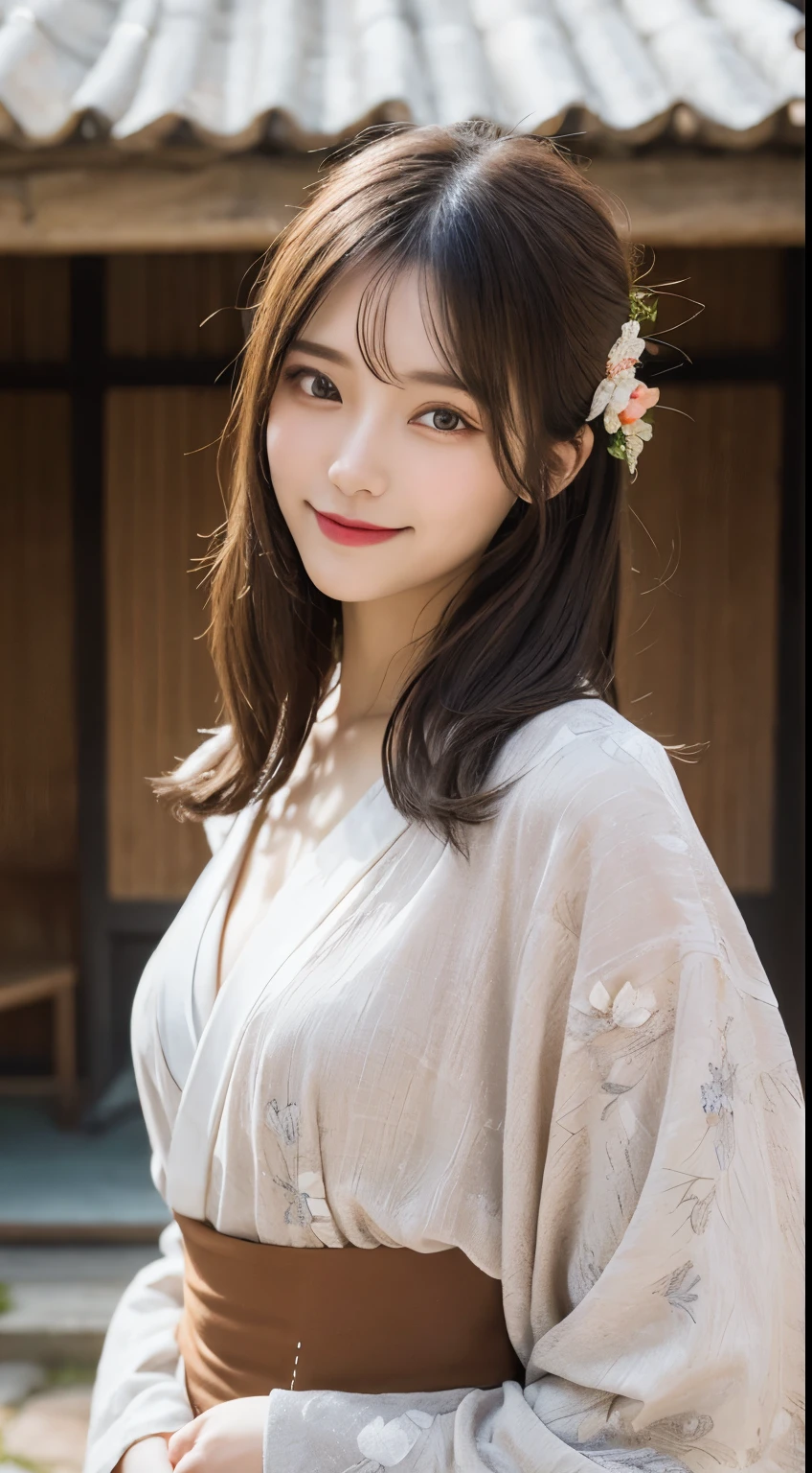 table top, highest quality, figure, Super detailed, finely, High resolution, 8k wallpaper, 完璧なダイナミックな構figure, detailed and beautiful eyes, kimono,flower hair ornament,medium hair, middle of chest, natural color lip, random sexy poses,smile,ancient folk house