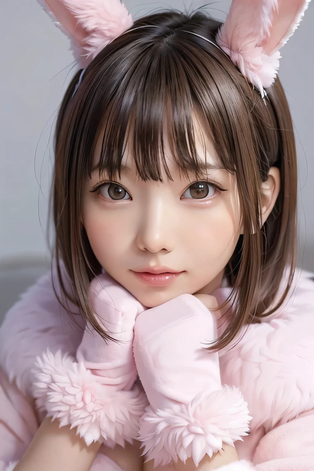 (highest quality、8K、masterpiece), 1with people、A girl as real as a photo, ((close up headshot))、 simple background, looking at the viewer 、(12 year old girl)、round face、cute、slim、flat body、 and slender、((Pink rabbit))、crooked fluffy ears、rabbit girl、(Fluffy pink gloves)、((Fluffy pink fur coat))、High resolution、genuine、3D、sensual pose