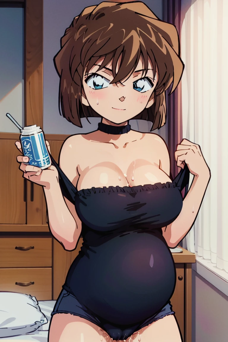(((masterpiece))), (8K, expensive_solve), comics, (clear_image),((1 girl, alone)) , Very detailed CG, ((highest quality)), (meitantei conan \(style\), Detective Conan \(style\), meitantei conan), alone, beautiful eyes and detailed face, ((light smile:1.1)), (abs:0.8), ((cowboy shot)),((1 girl, alone)), ((short hair)),nsfw,pregnant huge breasted girl,Completely naked,legs open,milk overflows from the pussy,(pussy juice:1.4),milk on body(milk1.2),bed room