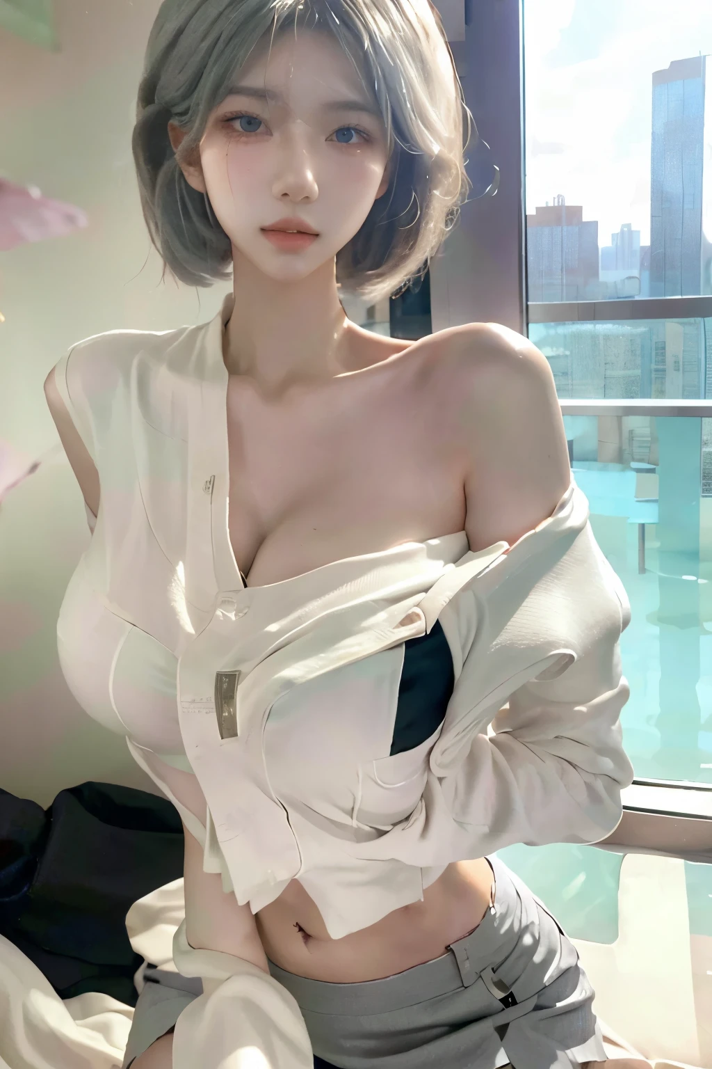 Beautiful woman with perfect body:1.4,layered hairstyle,prominent cleavage,Silver bra:1.5,ultra short pleated skirt,whole body,Highly detailed facial and skin textures,double eyelids,whiten skin,long hair
