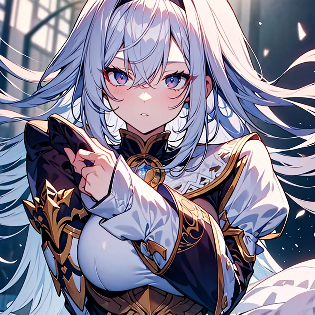 Pale-haired girl１people,high quality,masterpiece, 最high quality, rental,intricate details, extreme details, 4k,confused,Detail view,High resolution, anime screenshot, fantasy, knight,paladin,Gorgeous detailed white armored dress, Silver Gauntlet, capelet, greaves,breastplate,pauldron, cuff, full armor, jewelry, sacred aura,Long Shining Holy Gauntlet,particles of light, Pale eyes, translucent hair, bangs, short hair, shaggy hair,,一peopleで, thin,parted lips, tsurime, long eyelashes, compensate,eye shadow, strict, Snow floating in the air, zoom out,wide shot, written boundary depth ,moving line, outdoor,, looking at something else