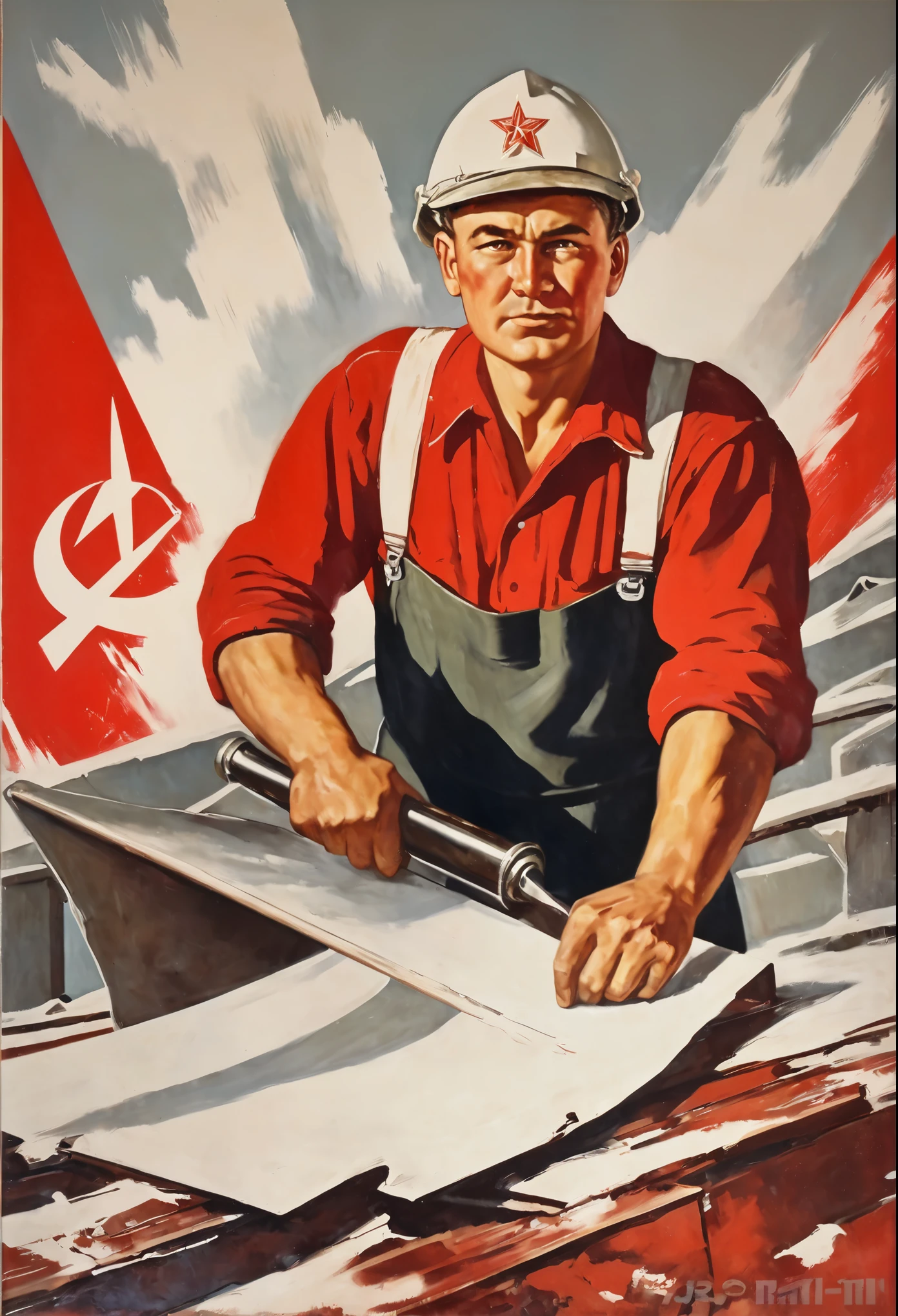 (best quality,4k,8k,highres,masterpiece:1.2), realistic, Soviet propaganda style, Soviet propaganda painting, CCCP propaganda painting, 1950s Soviet propaganda painting, a hardworking worker in the painting,
red and white color scheme, concise yet powerful