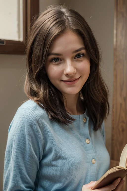 Name: Elizabeth Lyra Avery wearing modest casual outfits (not naked) with long sleeves
Age: 18
Gender: Female
Eye: light brown, doe eyes, has sectoral heterochromia in her right eye (light brown with slightly blue)
Hair: brown, 2a/open wave type, armpit length
Face: round to oval
Has dimples on her cheeks, but only can be seen when she smiles/laughs
Small chests
Personality: smart, genius, quick-witted, loud, teasy, love to talk
Love language: acts of service
Loves: people, reading books, watching movies, listening to songs, holding hands
Hates: silence
Height: 5'5