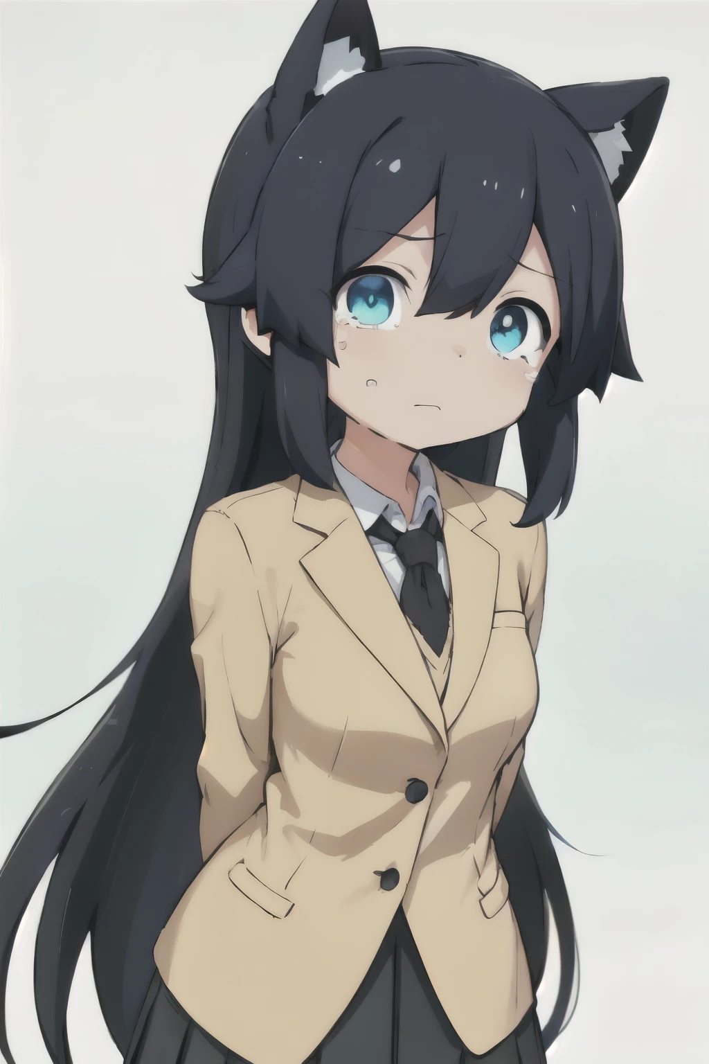 white background、Solid white background、blank background、arms behind back、black hair, black hair、gradation yellow hair、hide your hands、Upper body photographed from the front,(high quality, Breathtaking),(delicate eyes, perfect face)solo,Era: late 20s, Heterochromia - (yellow left eye、The left eye is yellow、light blue right eye、The right eye is light blue)、Tears overflow、medium shoulder length hair, black long sleeve blazer clothes,black pleated skirt、