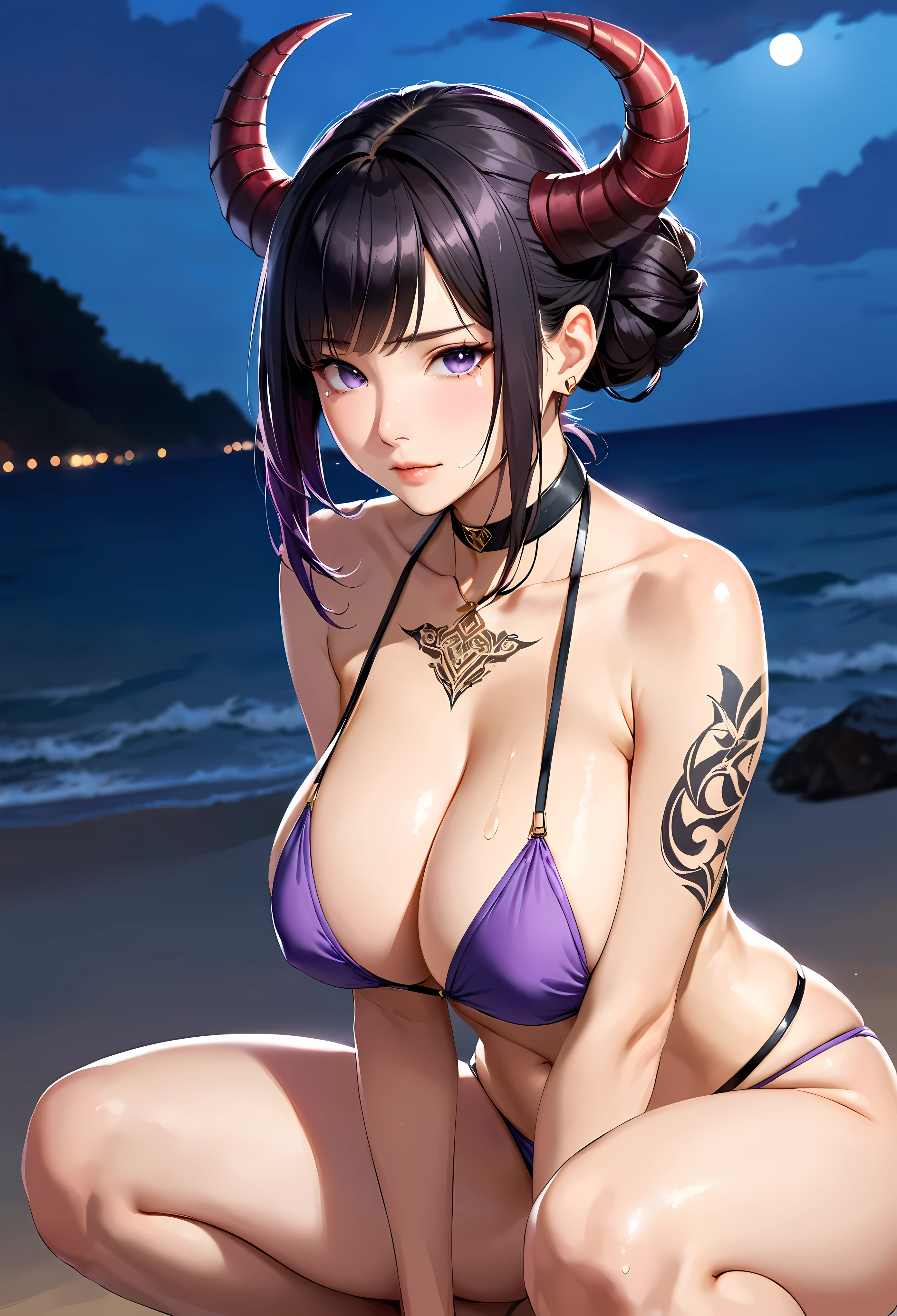 (masutepiece, Best Quality, High resolution:1.3), solo, alone, (milf), (cowboy shot), Description Girls, detail hands, Detail fingers, Detail Face, cute face, detail legs, overdetailed art, Fine details, (large breasts, wide hips, sexy:1.2), (black hair), hair bun, hair ornament, (micro_bikini),(purple bikini) ,(shorts dress),(purple eyes), , bare shoulders, jewelry, collarbone, detached sleeves, choker, skimpy, twisted horns, (black horns:1.2),(Horns on the sides of the head), (Tattoo:1.2), (crying mole), (night ) ,(night sky), (beach), (squating :1.2),(sweat:1.3)