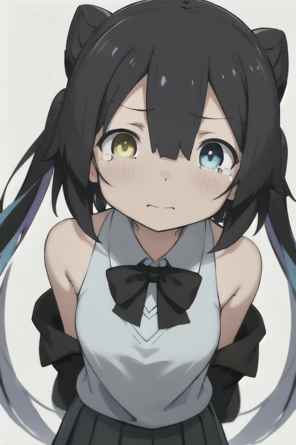 white background、Solid white background、blank background、arms behind back、black hair, black hair、gradation yellow hair、hide your hands、Upper body photographed from the front,(high quality, Breathtaking),(delicate eyes, perfect face)solo,Era: late 20s, Heterochromia - (yellow left eye、The left eye is yellow、light blue right eye、The right eye is light blue)、Tears overflow、medium shoulder length hair, black long sleeve blazer clothes,black pleated skirt、