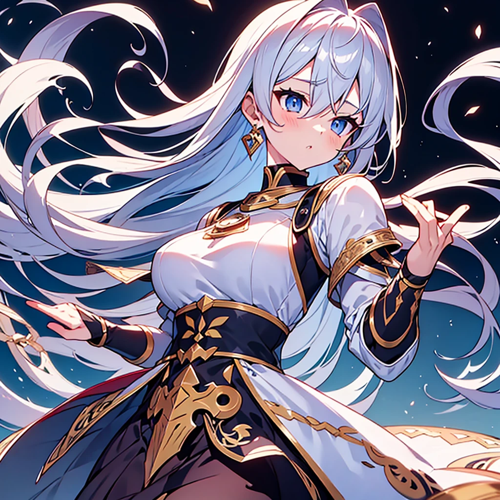 Detailed fist,Pale-haired girl１people,high quality,masterpiece, 最high quality, rental,intricate details, extreme details, 4k,confused,Detail view,High resolution, anime screenshot, fantasy, knight,paladin,Gorgeous detailed white armored dress, Silver Gauntlet, capelet, greaves,breastplate,pauldron, cuff, full armor, jewelry, sacred aura,Long Shining Holy Gauntlet,particles of light, Pale eyes, translucent hair, bangs, short hair, shaggy hair,,一peopleで, thin,parted lips, tsurime, long eyelashes, compensate,eye shadow, strict, Snow floating in the air, zoom out,wide shot, written boundary depth ,moving line, outdoor,, looking at something else