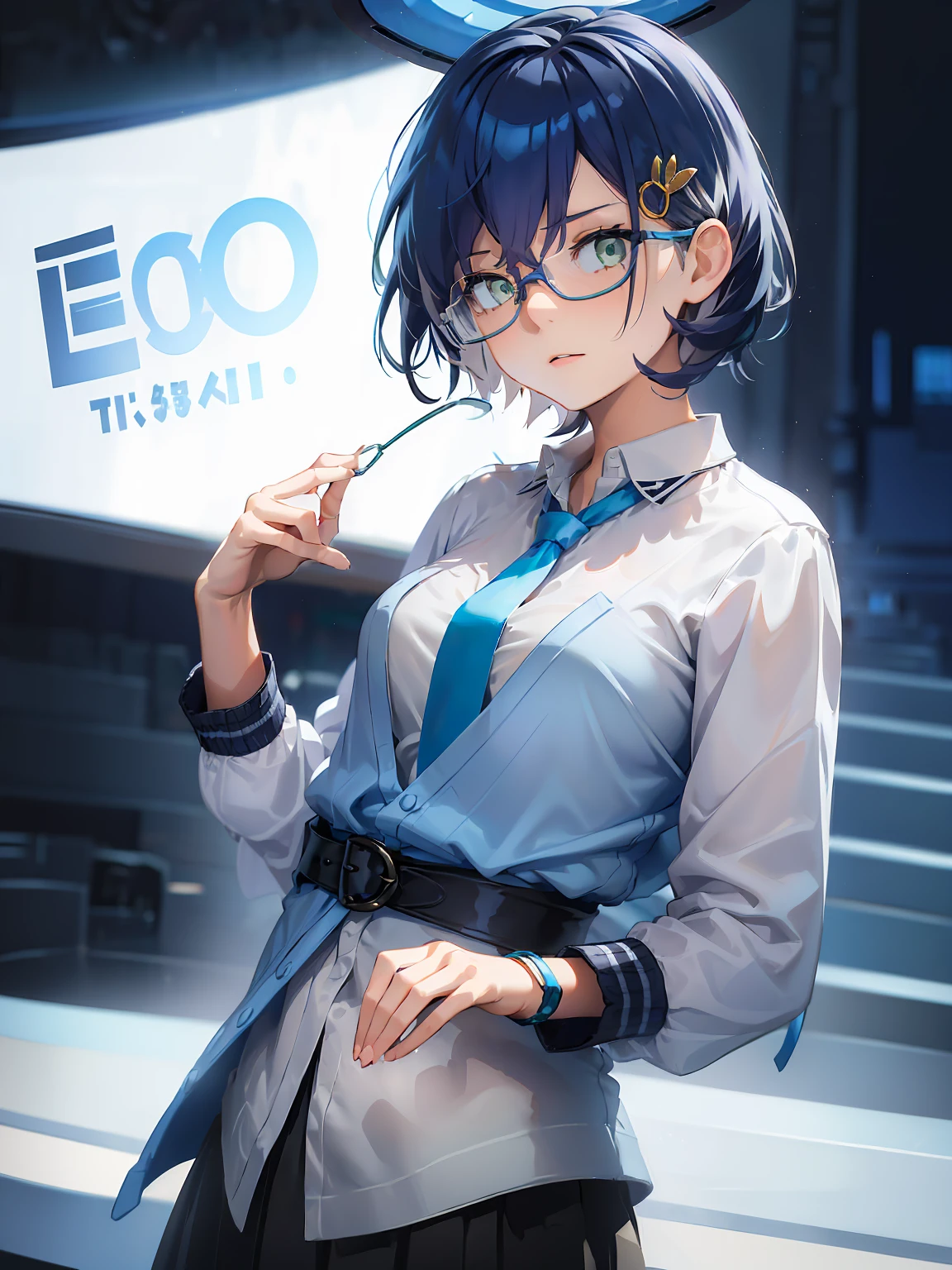 (masterpiece,high quality,high resolusion(2heads:1.5),1 girl,Chihiro character,short blue hair,has a ring on top of the head with black edges and a light blue center pattern,green eyes,wearing blue glasses,wearing a ribbon in your hair,wearing a light blue uniform with a white middle,wearing a light blue tie,His right hand holds the glasses he is wearing,gaze towards the audience,white background