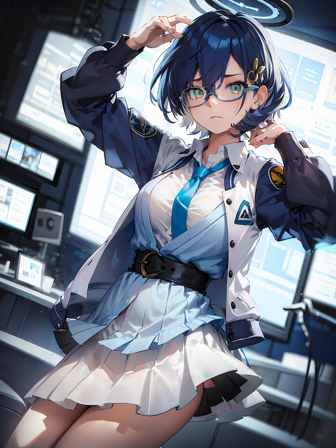 (masterpiece,high quality,high resolusion(2heads:1.5),1 girl,Chihiro character,short blue hair,has a ring on top of the head with black edges and a light blue center pattern,green eyes,wearing blue glasses,wearing a ribbon in your hair,wearing a light blue uniform with a white middle,wearing a light blue tie,His right hand holds the glasses he is wearing,gaze towards the audience,white background