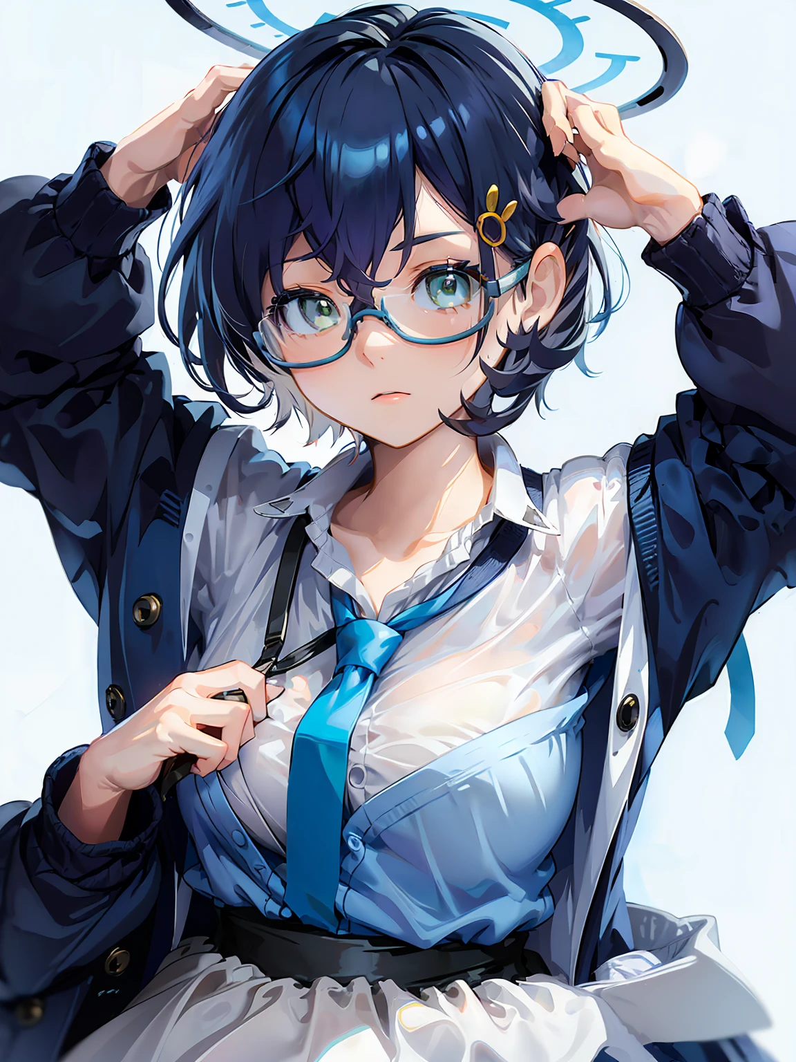 (masterpiece,high quality,high resolusion(2heads:1.5),1 girl,Chihiro character,short blue hair,has a ring on top of the head with black edges and a light blue center pattern,green eyes,wearing blue glasses,wearing a ribbon in your hair,wearing a light blue uniform with a white middle,wearing a light blue tie,His right hand holds the glasses he is wearing,gaze towards the audience,white background