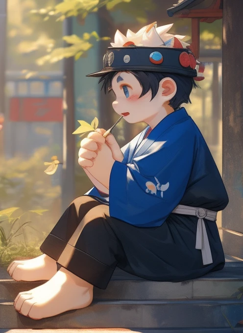 hairy,Cai Xukun's,(young boy:1.5),(collar,Pink pads:1.4)Japanese kimono,helmet cloth,Japanese Tabi,giggle,alone,Infancy,white body hair,CG,4K,fair,