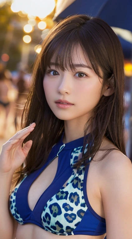 ((highest quality, 8K, masterpiece :1.3)), 1 girl, A cute woman who emphasizes her slender abdominal muscles :1.3, (brown hair, shortcut, small breasts:1.2), wet body:1.2, Summer night beach, super detailed face, Highly detailed eye resolution, double eyelid、bikini、Bulge cheeks、beach、gravure pose、hair blowing in the wind、Hold your chest together with both hands、blue sky、Low - Angle、female leopard、raise both hands high、(A single firework goes off)、(layer cut、shaggy、Hair on my cheeks)