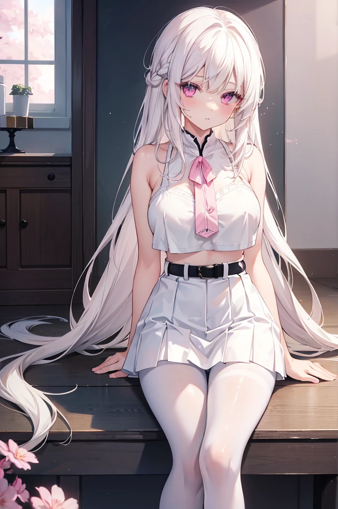 1girl, white hair, short twintails, extremely happy, cheerful, pink eyes, wearing plain black shirt, pink skirt, looking at viewer, no hat, holding orange glowsticks in hands, no underwear, medium breasts showing, side view