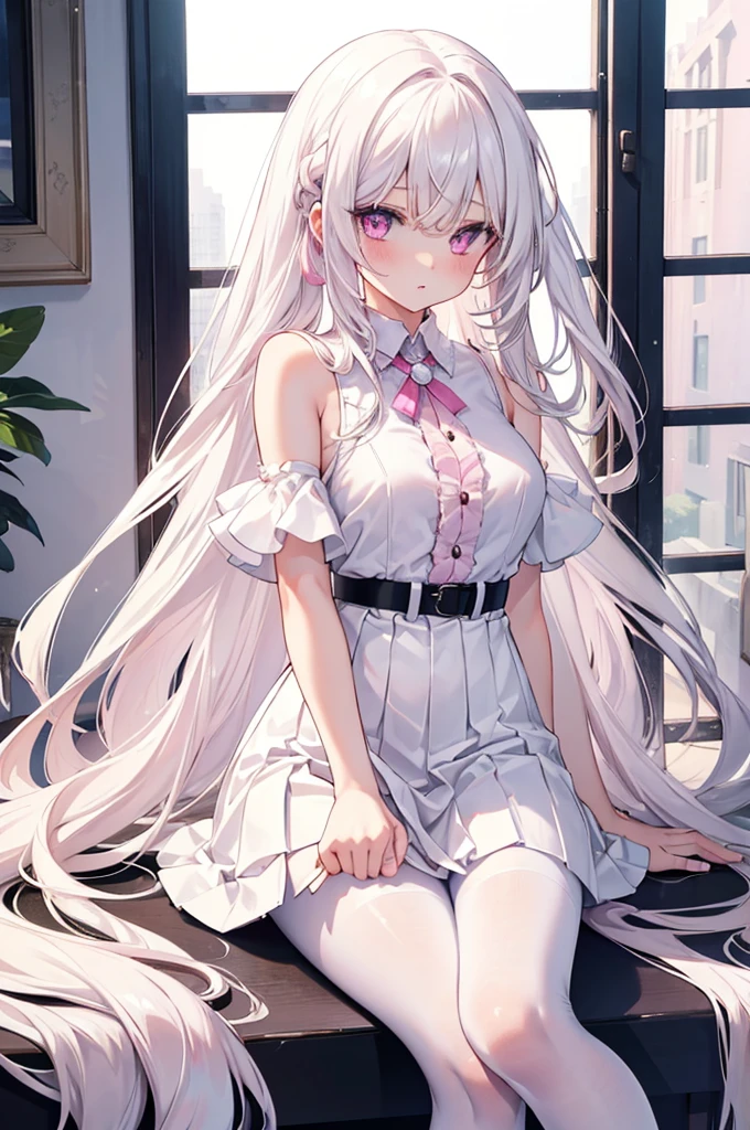 A girl with long white hair with a straight cut, beautiful pink eyes, a beautiful and cute face, and smooth skin, wearing a white bra, a white short skirt with an open belt, and white pantyhose, sitting on the floor in a sexy session