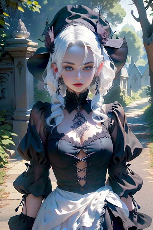 Beauty in white hair, with a hat, goth dress, Perfect proportions, (detailed eyes, eye correction), Girl posing for a photo, slim girl, lace gloves, (gothic decoration:1.4), Definition and sharpness of textures, sunset,under a tree on a hill, Full Body Shot, (Delicate images), (Raw photo: 1.2), (Photorealistic: 1.4), (Highly detailed), (high resolution), (Best quality), (masterpiece)