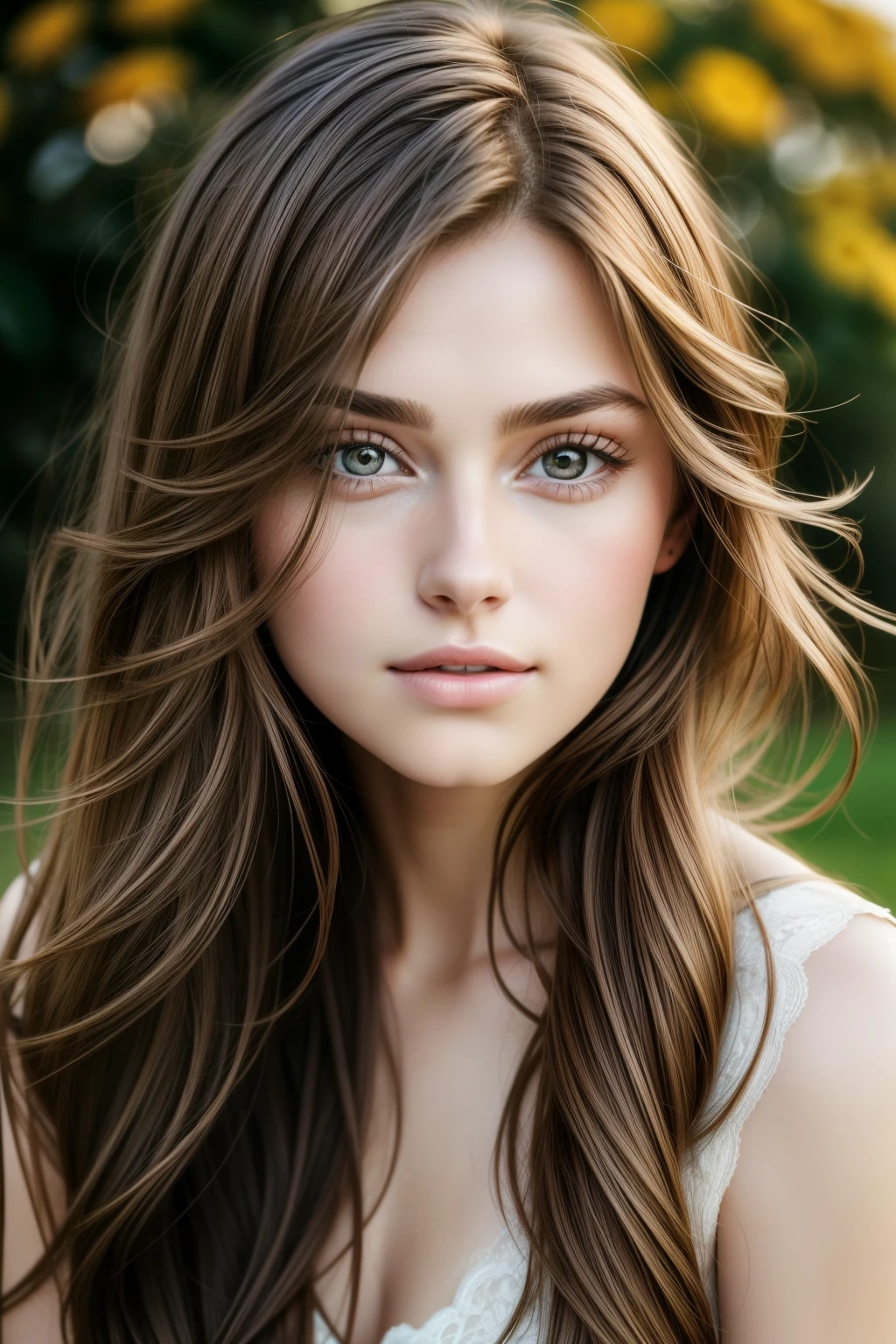 Close-up photo of a youthful 25-year-old girl with lustrous, flowing brown hair cascading down her face, framing her delicate features. The shot captures the raw beauty of her natural brown locks, enhanced by the soft, cinematic light that gently illuminates her flawless complexion. The high-resolution image showcases every intricate detail of her hair strands, with sharp focus and photorealistic textures, giving it a lifelike quality. The neutral tones and soft contrast lend an elegant and sophisticated feel to the overall composition. This masterpiece of a photograph is a testament to the beauty of youth and the art of photography.