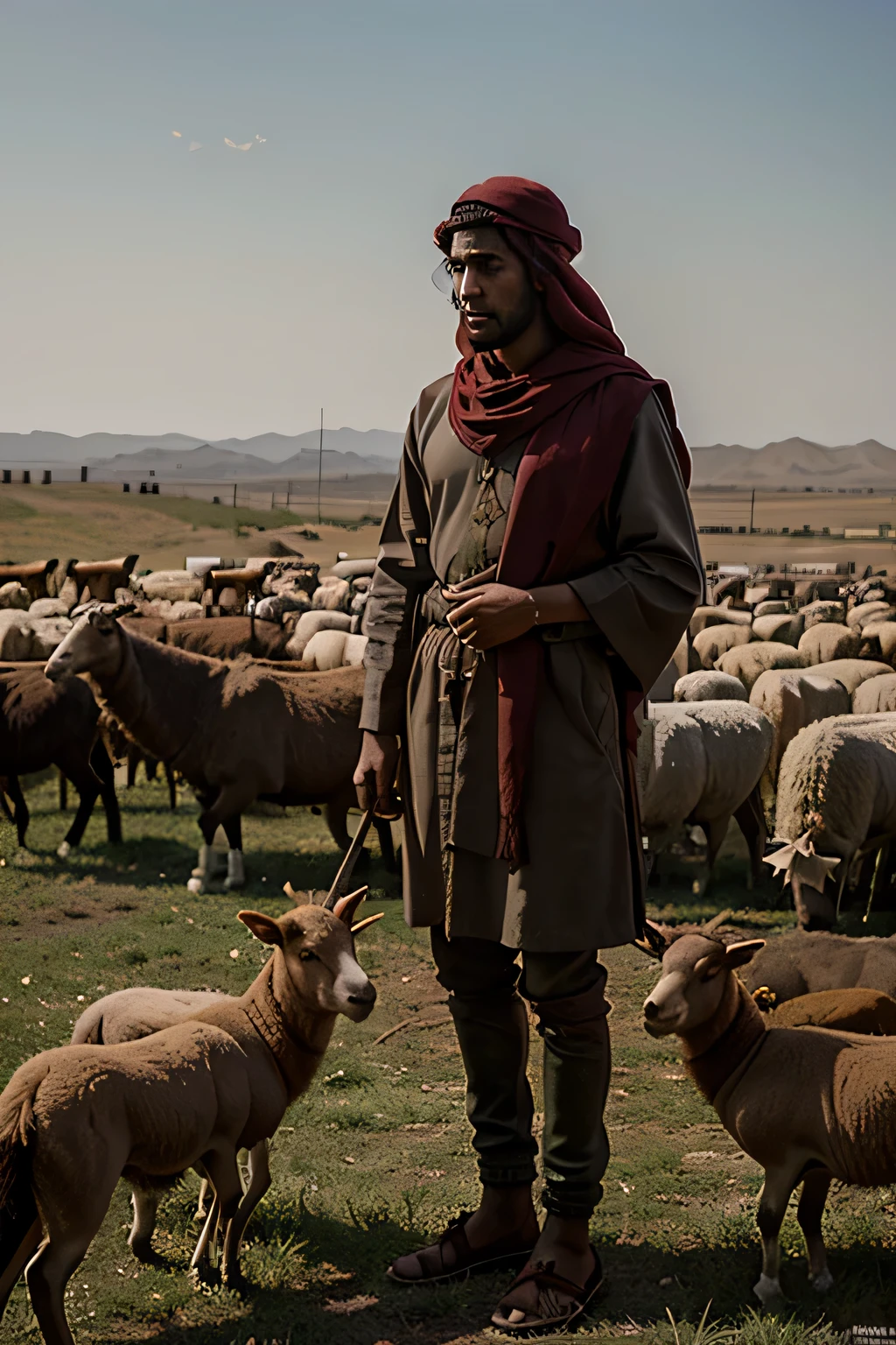 king David as a 12 year old dark red skin middle eastern as a shepherd watching a herd of sheep