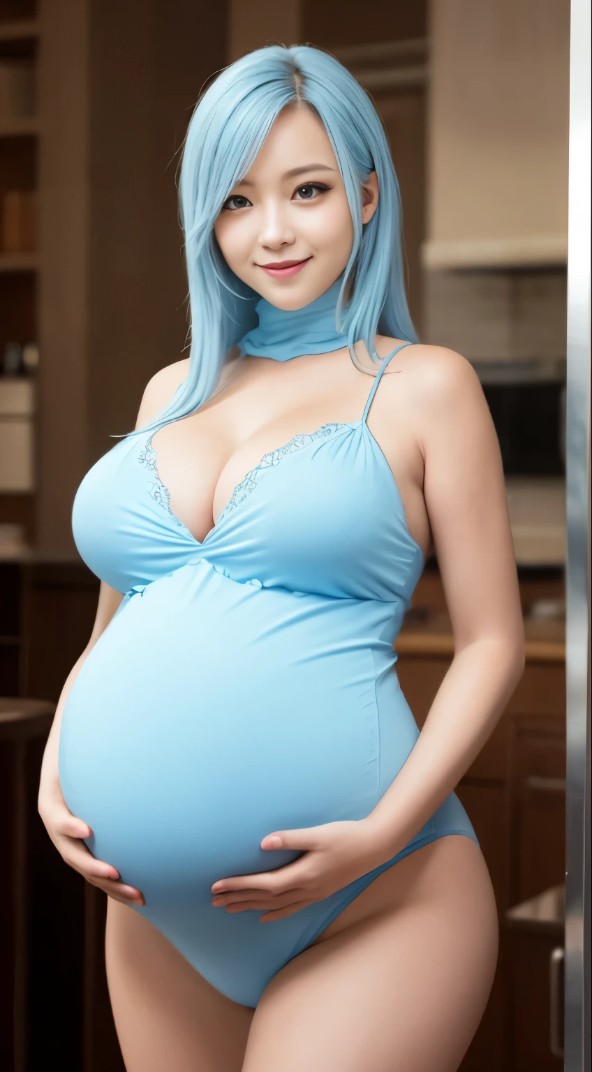 blue eyes, stunning proportions, smile, photorealistic, spiffy zentai, large breasts, overdue pregnant