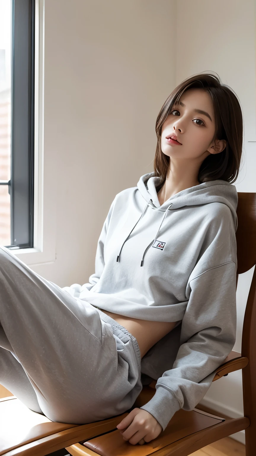 A beautiful woman standing, wearing hoodie and sweatpants, pale skin, smooth pale skin, skin tune pink, perfect body, detailed body, cute face, white hair, ponytail hair, super detailed, HD, 16k, 8k, 4K