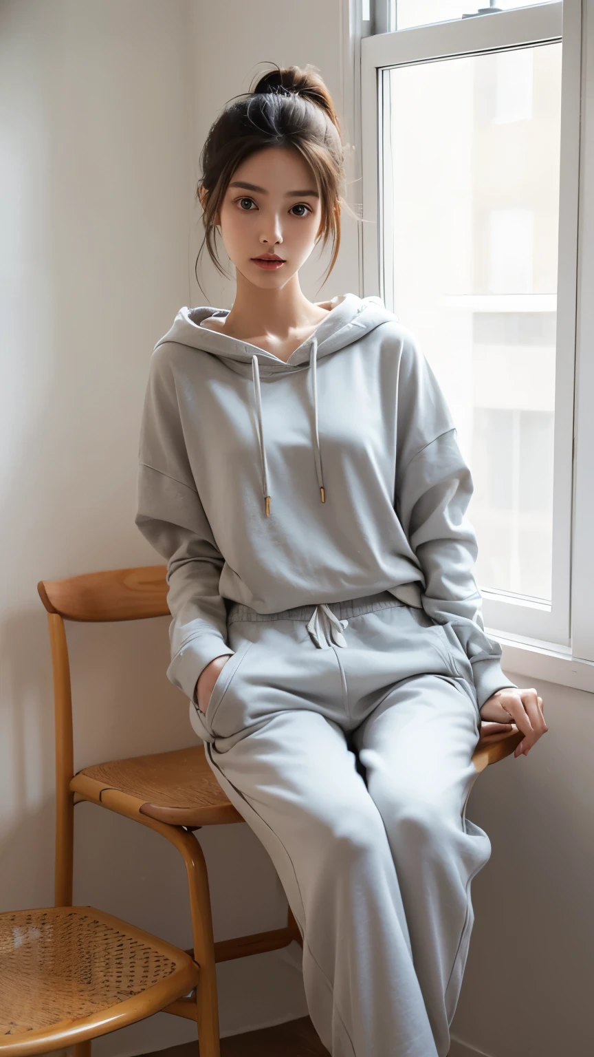 (Photorealistic),(Masterpiece),(ultra-detailed),a tall very beautiful and extremely thin girl who is literally just skin and bones because of being severely malnourished and looks so fragile and delicate and has big eyes and very small head, can see all her bones,sitting on a chair,she has very small and thin body frame and legs,extremely slender build, wearing a baggy hoodie which is just hanging on and baggy sweat pants