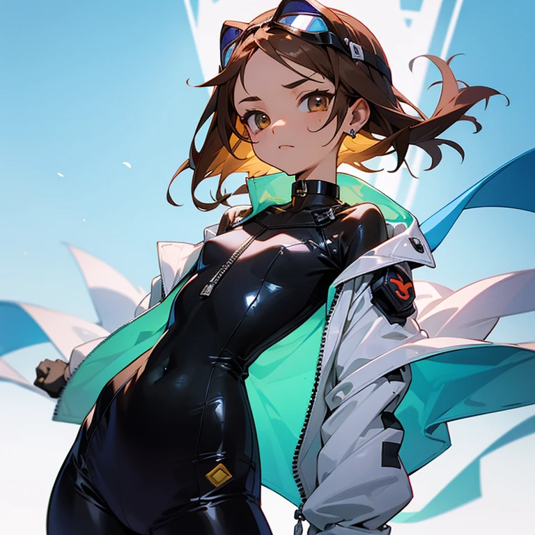 girl、confident face、earrings、thin、Outstanding style、modest chest、Goggles on foreheadをつけている、small ass、A thin 、loose clothing、that'belly button、white wetsuit with front zip(Separate tops and bottoms design)、Work gloves、Goggles on forehead、brown skin、middle hair、thin、cleavage、choker、thinウエスト、