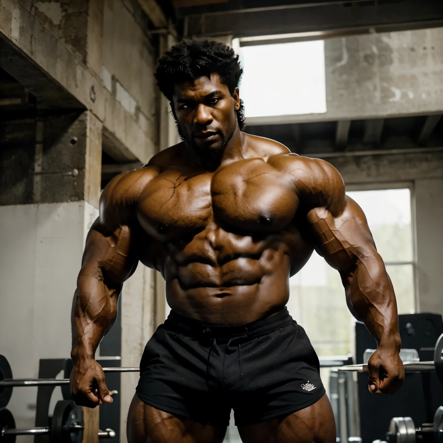 realistic, black male, strong black man, bodybuilder, black hair, afro, handsome face, chiseled jawline, high cheekbones, traditionally handsome, perfect face, huge afro, muscular, huge muscles, fighting pose, shirtless, looking to the side, black shorts, grumpy, high definition, biceps, abs, pec, rugged pectoral, 6-pack, 8-pack, 12-pack, huge biceps, martial artist