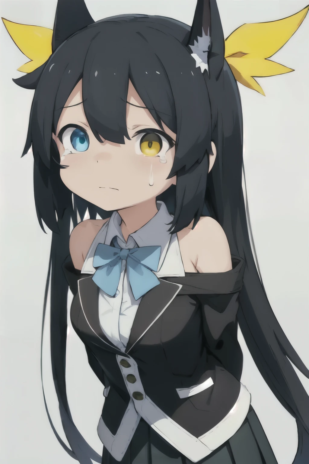 white background、Solid white background、blank background、arms behind back、black hair, black hair、gradation yellow hair、hide your hands、Upper body photographed from the front,(high quality, Breathtaking),(delicate eyes, perfect face)solo,Era: late 20s, Heterochromia - (yellow left eye、The left eye is yellow、light blue right eye、The right eye is light blue)、Tears overflow、medium shoulder length hair, black long sleeve blazer clothes,black pleated skirt、