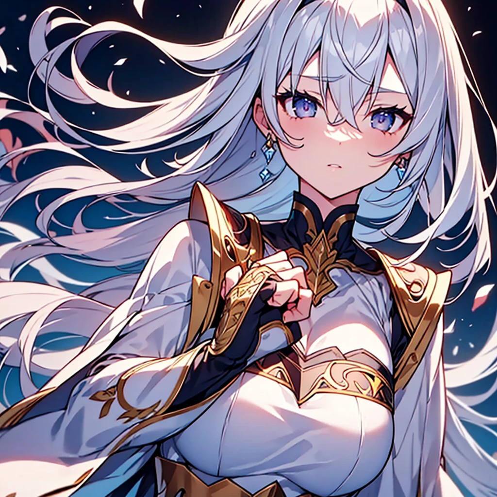 Detailed clenched fist,Pale-haired girl1people,high quality,masterpiece, 最high quality, rental,intricate details, extreme details, 4k,confused,Detail view,High resolution, anime screenshot, fantasy, knight,paladin,Gorgeous detailed white armored dress, Silver Gauntlet, capelet, greaves,breastplate,pauldron, cuff, full armor, jewelry, sacred aura,Long Shining Holy Gauntlet,particles of light, pale eyes, translucent hair, bangs, short hair, shaggy hair,,一peopleで, thin,parted lips, tsurime, long eyelashes, compensate,eye shadow, strict, Snow floating in the air, zoom out,wide shot, written boundary depth ,moving line, outdoor,, looking at some