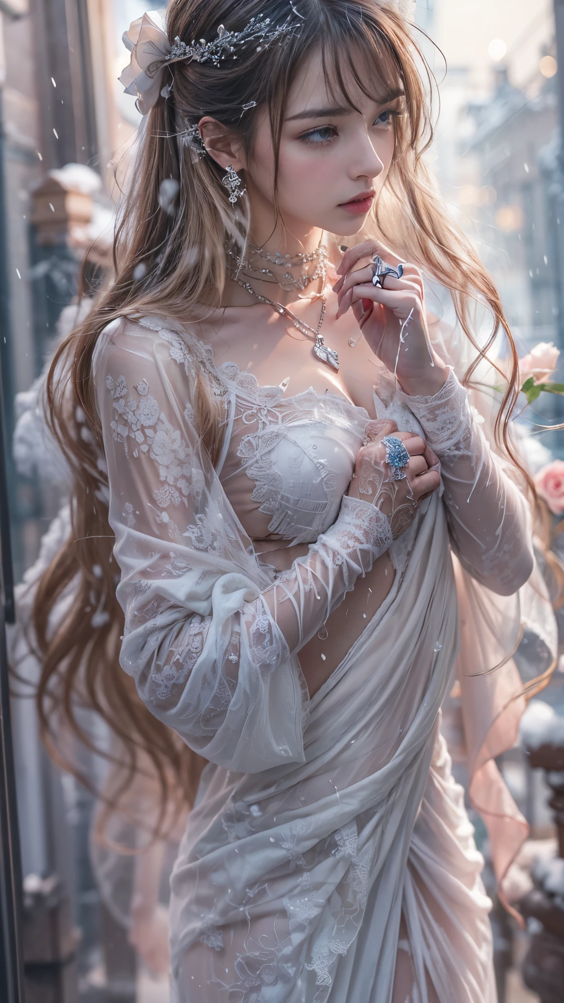 (RAW shooting:1.5, Photoreal, 8K, highest quality, masterpiece, ultra high resolution), ((((heavy snow, storm)))), Highly detailed skin and facial textures:1.3, perfect dynamic composition:1.2, (In front of a church at night in a modern city, expression of sadness:1.0, Tears are flowing:1.0, cry with a broken heart:1.0), Slim office lady wet in the rain:1.3, cowboy shot, Fair skin:1.2, sexy beauty:1.1, perfect style:1.2, beautiful and aesthetic:1.1, very beautiful face:1.2, water droplets on the skin, (rain drips all over my body:1.2, wet body:1.2, wet hair:1.3), (professional dressing:1.1, Holding a bouquet of wet roses in hand:1.2, The correct way to wear a wet pink wedding dress:1.3), (Medium chest, Bra is transparent, Chest gap), (Eyes that feel beautiful eros:0.8, Too erotic:0.8, Bewitching:0.8), necklace, earrings, bracelet, wedding ring, Highly detailed and accurate hand and finger representation