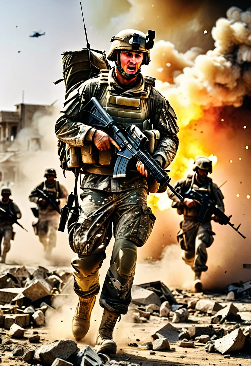 a fierce battle in Iraq,explosions and gunfire,heavy smoke rising,scorching hot desert,soaring temperatures,sandstorm,swirling dust clouds,damaged and burning vehicles,crumbled buildings and ruins,wounded soldiers receiving medical aid,war-torn landscape,chaotic and intense fight,armored tanks and helicopters,brave soldiers in combat uniform,strategic military maneuvers,intense and suspenseful atmosphere,shattered windows and broken glass,military reinforcements arriving,on-edge soldiers in defensive positions,nighttime warfare,illuminated by flares and spotlights,loud and deafening noises,rubble and debris scattered everywhere,military aircraft flying overhead,threatening and tense ambiance,camouflage gear and weaponry,unyielding determination and resilience of soldiers,the haunting remnants of war,devastated and desolate surroundings,battle-hardened troops fearlessly advancing,warriors striking with precision and skill,the urgency and gravity of the situation,sweat-drenched faces and trembling hands,the harsh reality of conflict. (best quality,4k,8k,highres,masterpiece:1.2),ultra-detailed,(realistic,photorealistic,photo-realistic:1.37),HDR,UHD,studio lighting,extreme detail description,professional,vivid colors,battlefield painting,war photography.