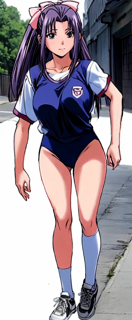 Momoko Koigakubo, who is tall and has beautiful legs, is standing with her legs spread to the side and her mouth open, wearing white gym clothes and light blue panty-shaped bloomers.。Doing Comanechi pose。blush。