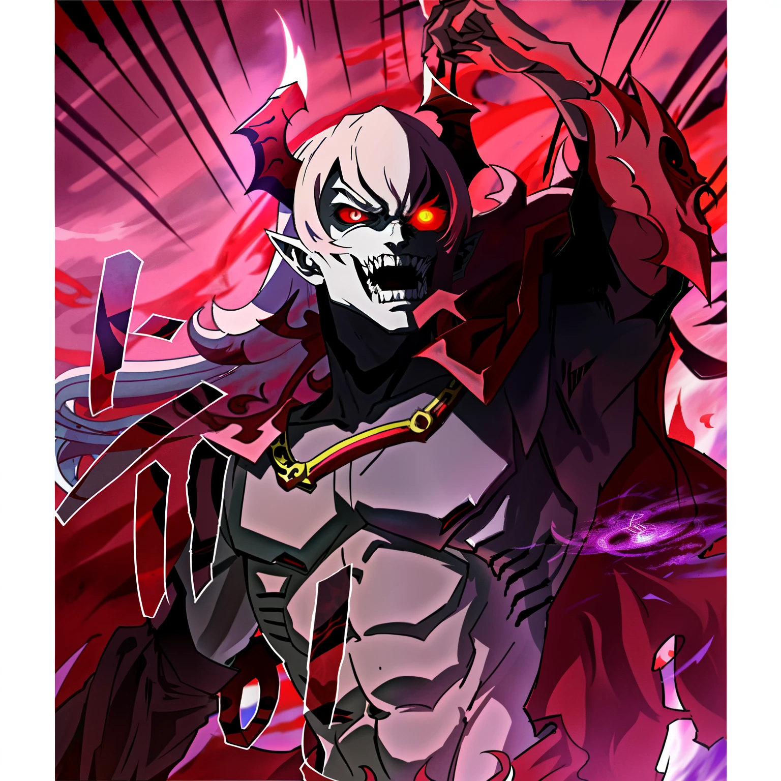 anime character with red eyes and a demon like face, villain wearing a red oni mask, overlord!!!, demon slayer artstyle, from overlord, beautiful male god of death, the former demon king, demon lord, epic anime style, emitting evil red aura, gapmoe yandere grimdark, demon male, 6 billion demons style, oni, evil god, rosto malefico, mascara maligna
