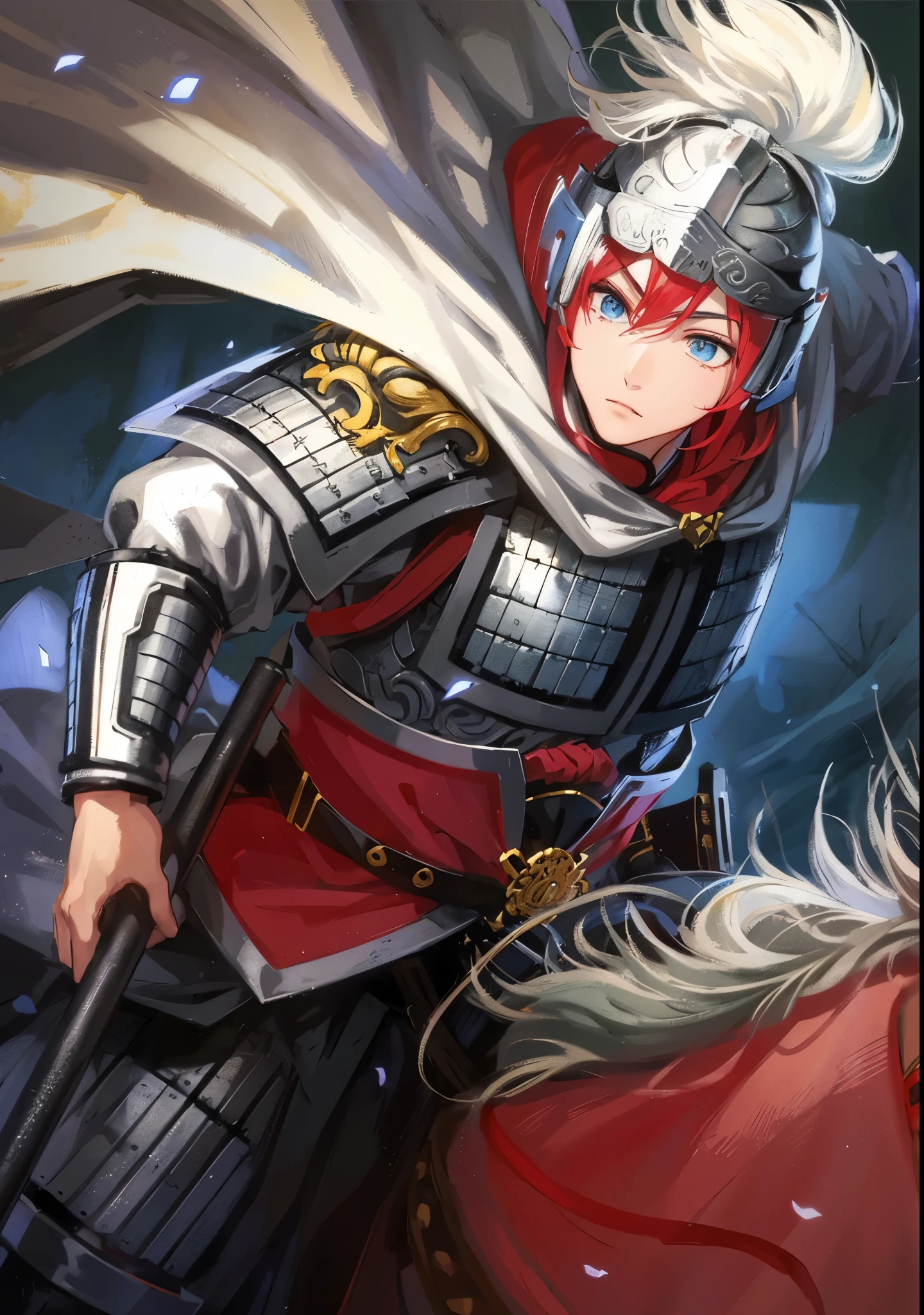 Red-haired anime character riding a red horse,手拿长枪骑着红马的handsome guy，Inspired by Zhao Yun，Inspired by the red-haired Chinese warrior Jiang Wei from Dynasty Warriors, fantasy style anime, wearing shining armor, 先进的数字动漫艺术”Anime Fantasy Artwork, Detailed anime character art, 斩妖除魔艺术中的handsome guy, shadow poetry style, wearing shining plate armor, Anime Fantasy Illustration, zero art, Anime Fantasy Artwork，Three Kingdoms style，Dynasty Warriors style，blue eyes，Red eyebrows，Dark red eyelashes，young general，Wearing a Chinese style helmet，handsome guy，Zhao Yun's helmet