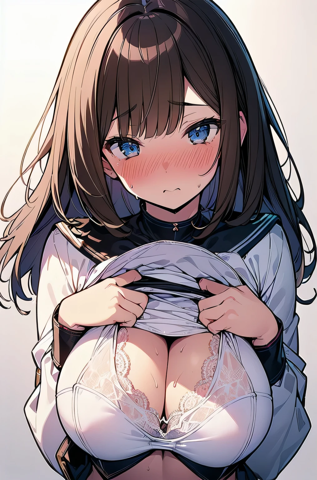 (best quality), (Super detailed), (Best Illustration), (NSFW), ((beautiful woman)), (bra lift:1.3), (Fully expose the chest:1.3), solo, look at viewer, (long sleeve, white serafuku), (beautiful large breasts), curvy body, (embarrassed), nose blush, sweat, brown hair, (bob cut:1.3), curvy hair, hairs between eyes, blue eyes, (white background:1.3)