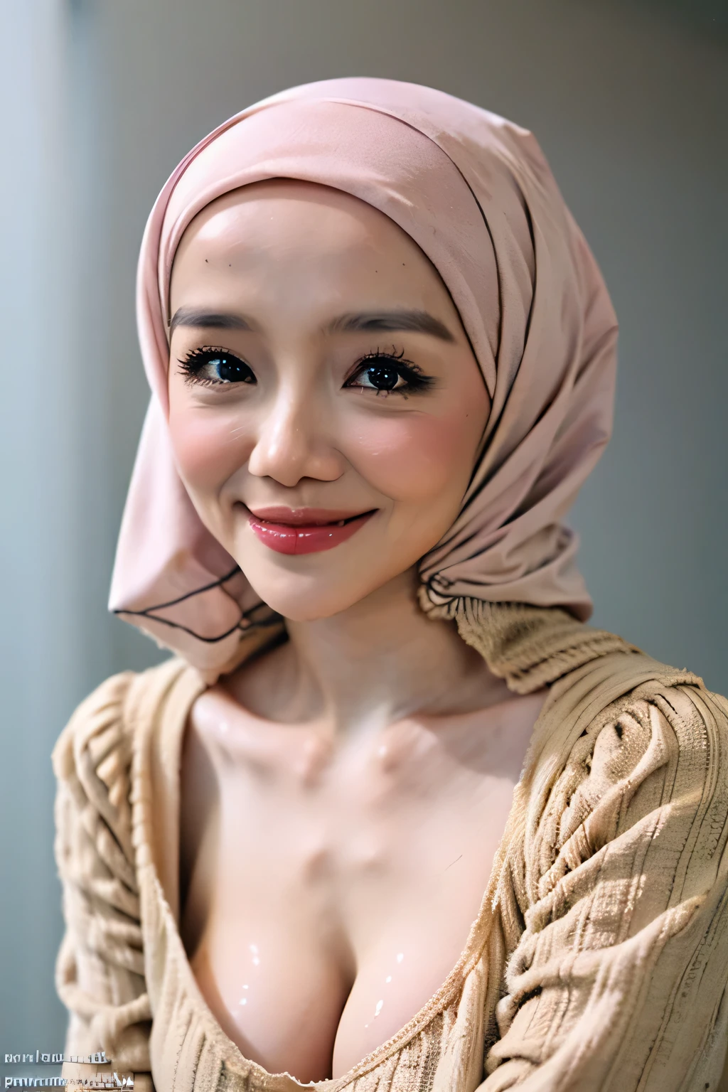 Malay girl in hijab wearing sexy pink color pajamas portrait photography, mid shot photo, ultra detail, professional photograph with professional lighting, smile, light blue studio background, sexy seducing pose, curvy